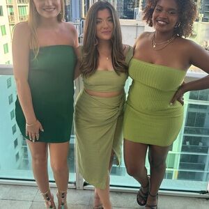 SHOWPO GIBSON TWO PIECE SET - LINEN CROP TOP AND KNOT FRONT MIDI SKIRT (CELERY)